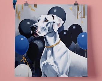Elegant Great Dane Dog  Blue Balloons Pet Portrait Wall Art Print, Perfect Gift for Pet Lovers, 295mm x 295mm, 300GSM Matte Paper, Unframed