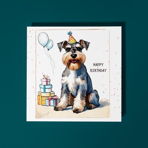 Raça de cachorro Schnauzer miniatura feito à mão com bolo Cartão de feliz aniversário Cartão engraçado de animal Amantes de animais Cartão de felicitações premium e envelope