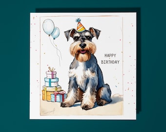 Handmade Miniature Schnauzer Dog breed With Cake Happy Birthday Card Funny Animal Card Animal Lovers Premium Greeting Card & Envelope