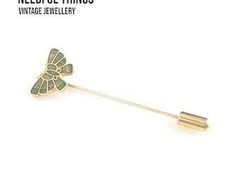 Lovely Vintage Jewellery Gold-tone Green Enamel Butterfly Stick pin Brooch