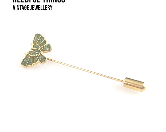 Lovely Vintage Jewellery Gold-tone Green Enamel Butterfly Stick pin Brooch