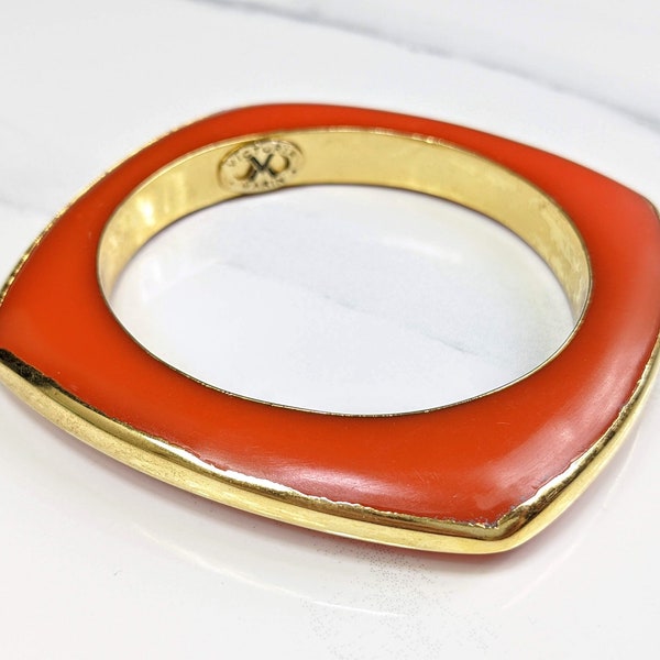 Lovely square Victoria Marin fire coloured lucite bangle with gold-tone metal