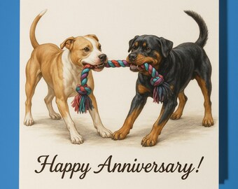 Pit Bull Terrier and Rottweiler  - Happy Anniversary Card - Funny Animal - Premium Greeting Card  Envelope - Personalised card - Husband
