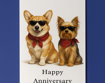 Dog Breeds Collection -  Corgi & Yorkshire Terrier Anniversary Card - Funny Animal - Premium Greeting Card and Envelope - Personalised card