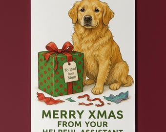 Golden Retriever Santa’s Assistant - To Mum from Dad Merry Xmas Card - Funny Dogs - Dog Breeds Premium Greeting Card Envelope Personalised