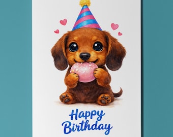 Dachshund Dog Mochi Birthday Card, Cute Kawaii Personalised Dog Lover Gift