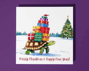 Handmade Funny turtle with gifts Merry Christmas & Happy New Year Card  Premium Greeting Card White Envelope Merry Christmas and New Year