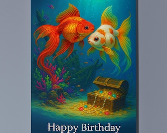 Rainbow Fish Parade Collection - Fancy Goldfish - Tropical Fish - Happy Birthday Card Premium Greeting Card Envelope - Personalised card