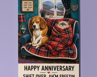 Ragdoll Cat Beagle Personalised Anniversary Card, Funny Scottish Couple Card, Shift Over Ah'm Freezin