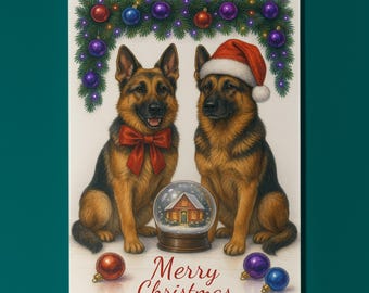 German Shepherd Dogs Duo - Cozy Nose & Snow Globe Merry Christmas Card - Funny Dogs Dog Breeds - Premium Greeting Card Envelope Personalised