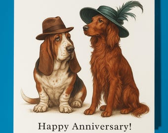 Basset Hound and Irish Setter Happy Anniversary Card  Funny Animal - Premium Greeting Card & Envelope - Personalised Dog card - Husband Wife
