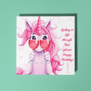 Licorne faite main regardant la vie à travers des roses Carte de joyeux anniversaire Carte d'animal drôle Carte de voeux et enveloppe premium pour amoureux des animaux