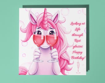 Handmade Unicorn Looking at Life through Rose Glasses Happy Birthday Card Funny Animal Card Animal Lovers Premium Greeting Card and Envelope