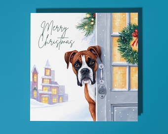 Handmade Cute Boxer dog waiting for owner Merry Christmas Card Funny Animal Card for Animal Lovers Premium Greeting Card With White Envelope