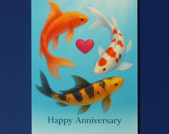 Rainbow Fish Parade Collection - Three Koi Fish - Anniversary Card - Funny Animal - Premium Greeting Card and Envelope - Personalised card