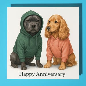 Staffordshire Terrier e Cocker Spaniel - Biglietto di auguri di buon anniversario con animali divertenti - Busta per biglietti di auguri premium - Biglietto personalizzato - Coppia