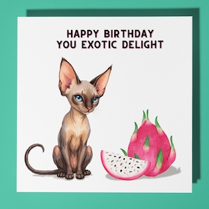 Carte de joyeux anniversaire chat sphinx - animal drôle - carte de voeux premium et enveloppe - carte chats personnalisée fils soeur ami maman fille