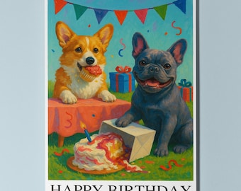 Corgi and French Bulldog Dogs - Birthday Buddies - Happy Birthday Card - Funny Animal - Premium Greeting Card Envelope - Personalised card
