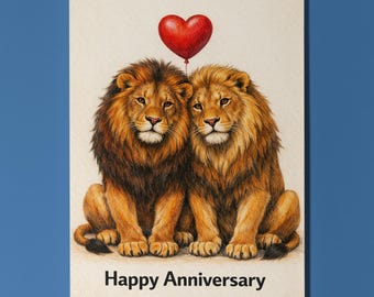 Animal Hugs Collection Kings of Each Other's Hearts Lions Happy Anniversary LGBTQ Card Premium Greeting Card Envelope Personalised Partners