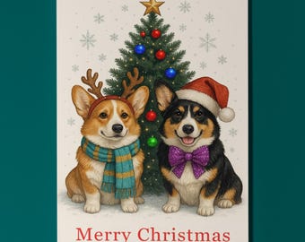 Corgi Dogs Duo - Merry Christmas Card - Funny Animal - Dog Breeds - Premium Greeting Card and Envelope - Personalised card - Friends Family