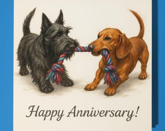 Scottish Terrier and Dachshund dogs - Happy Anniversary Card - Funny Animal - Premium Greeting Card  Envelope - Personalised card  Husband