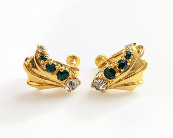 Lovely  Vintage Jewellery Gold-tone Faux Emerald Leaves Clip-on Earrings