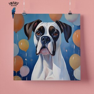 Elegante stampa artistica da parete raffigurante un cane Boxer bianco con palloncini, regalo perfetto per gli amanti degli animali, 295 mm x 295 mm, carta opaca da 300 g/m², senza cornice