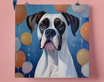 Elegant White Boxer Dog Balloons Pet Portrait Wall Art Print, Perfect Gift for Pet Lovers, 295mm x 295mm, 300GSM Matte Paper, Unframed