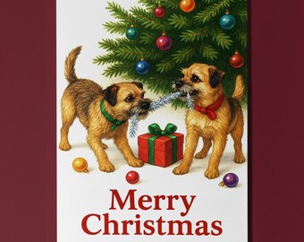 Border Terrier Festive Tug of Joy - Merry Christmas Card - Funny Dogs Dog Breeds - Premium Greeting Card & Envelope Personalised - Friends