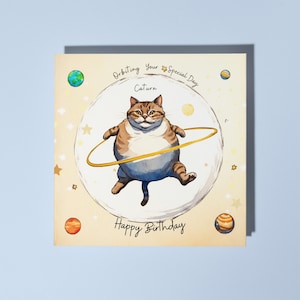 Gatto Saturno fatto a mano - Caturn - Orbitando nel tuo giorno speciale Biglietto di auguri di buon compleanno Biglietto di auguri divertente con animali Amanti degli animali Biglietto di auguri premium Busta