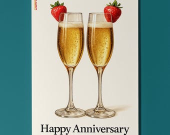 Champagne - Happy Anniversary Greeting Card & Envelope - Personalised card - Couples Family members Wife Husband Girlfriend