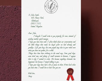 Personalised A4 Custom Letter, Wax Seal Letter Gift, Handmade, Aged or White Matte Paper