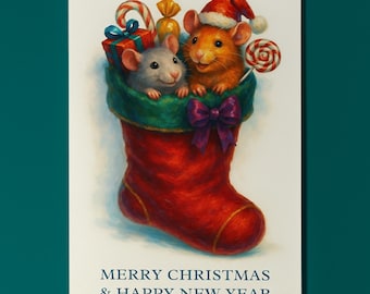 Two rats In the Stocking - Merry Christmas & Happy New Year Card - Funny animals - Premium Greeting Card and Envelope - Personalised card