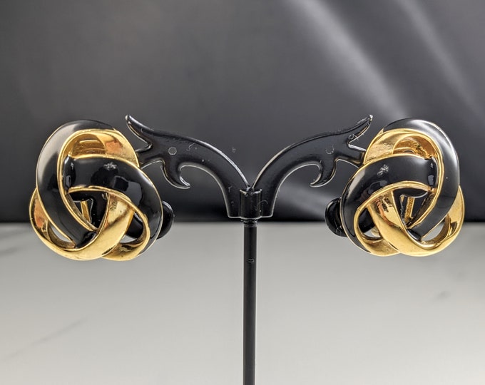 Lovely Gold-tone Black Enamel Clip-on  Earrings by Vendome Jewellery