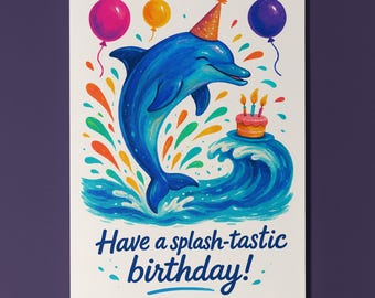 Happy Dolphin - Have a Splash-tastic Birthday Card - Funny Animals Premium Greeting Card & Envelope - Personalised card - Friends Family