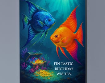 Rainbow Fish Parade Collection - Freshwater Angelfish Fish Duo - Happy Birthday Card - Premium Greeting Card & Envelope - Personalised card