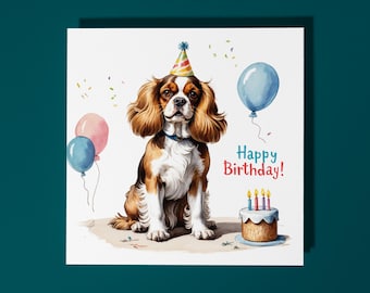 Handmade Cavalier King Charles Spaniel Dog breed Cake Happy Birthday Card Funny Animal Card Animal Lovers Premium Greeting Card & Envelope