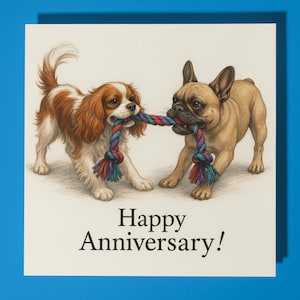 Cavalier King Charles Spaniel Französische Bulldogge - Alles Gute zum Jubiläum Karte - Lustiges Tier - Premium Grußkarte & Umschlag - Personalisierte Karte