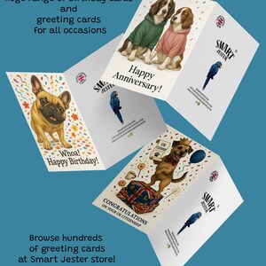 May include: A collection of greeting cards with various designs. One card features a French Bulldog with confetti, another has two dogs in sweaters, and a third card has a dog with a crown. Text includes "Happy Birthday," "Happy Anniversary," and "Congratulations."