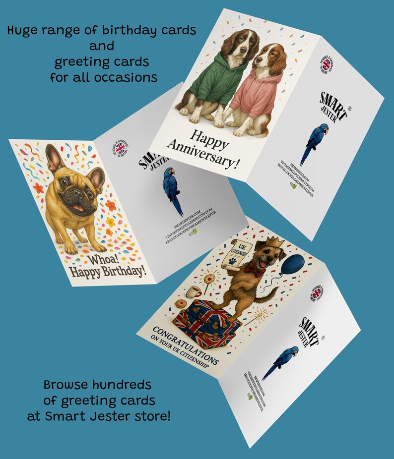 May include: A collection of greeting cards with various designs. One card features a French Bulldog with confetti, another has two dogs in sweaters, and a third card has a dog with a crown. Text includes "Happy Birthday," "Happy Anniversary," and "Congratulations."