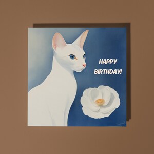 Fatto a mano Elegante e grazioso Gatto orientale bianco con rosa Biglietto di auguri di buon compleanno Biglietto di auguri di animali divertenti Amanti degli animali Biglietto di auguri premium Busta