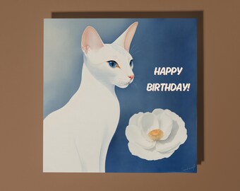 Handmade Sleek and graceful White Oriental cat with rose Happy Birthday Card Funny Animal Card Animal Lovers Premium Greeting Card  Envelope