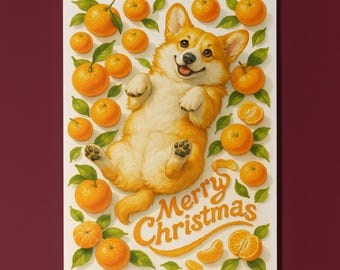 Sweet Clementine Corgi Dog - Fruity Friends Collection - Merry Christmas Card - Funny animals Premium Greeting Card Envelope - Personalised