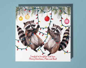 Handmade Funny raccoons Merry Christmas Mum & Dad Card  Premium Greeting Card with White Envelope / Merry Christmas Mum and Dad