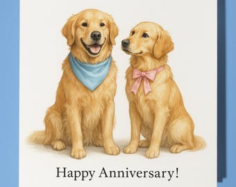 Golden Retriever dogs - Happy Anniversary Card Funny Animal - Premium Greeting Card and Envelope - Personalised Dog card - Couple Husband