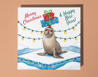 Handmade Cute Seal Balancing Presents Merry Christmas & New Year Card  Premium Greeting Card White Envelope Merry Christmas and New Year