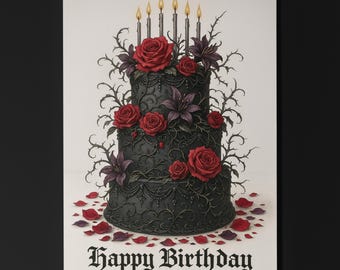 Black & Red Roses Gothic Cake - Happy Birthday Card - Premium Greeting Card and Envelope -Personalised card - Friend Family Sister Daughter