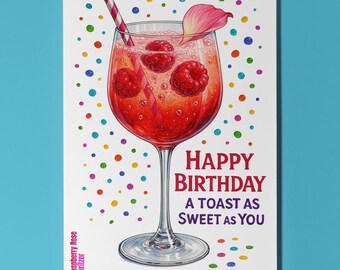 Cocktail Wishes Collection - Raspberry Rose Spritzer Cocktail - Happy Birthday Card - Premium Greeting Card and Envelope - Personalised card