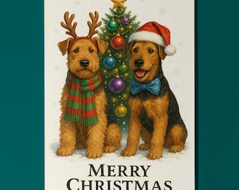 Airedale Terrier Dogs Duo - Merry Christmas Card - Funny Dogs - Premium Greeting Card & Envelope - Personalised card - Friend Family Members