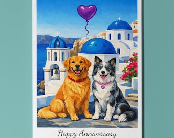 Santorini Greece Fira Oia blue-dome church Border collie & Golden Retriever Dogs Anniversary Card Envelope Funny Breeds Premium Personalised